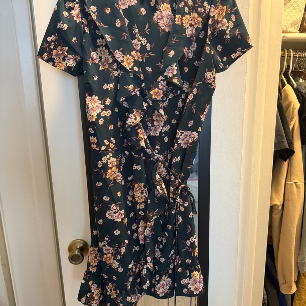 Floral Ruffle Wrap Dress - Dark Green